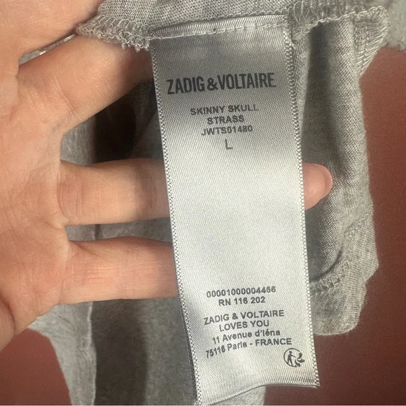 Zadig & Voltaire skinny skull tee embellished gray short sleeve size large - Picture 5 of 6